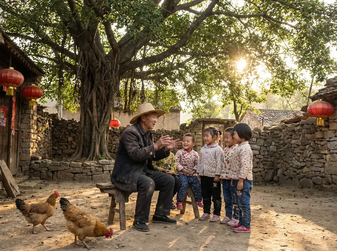 老人在大榕树下给孩子们讲故事 - 中国家庭之母爱全集 乡村记忆